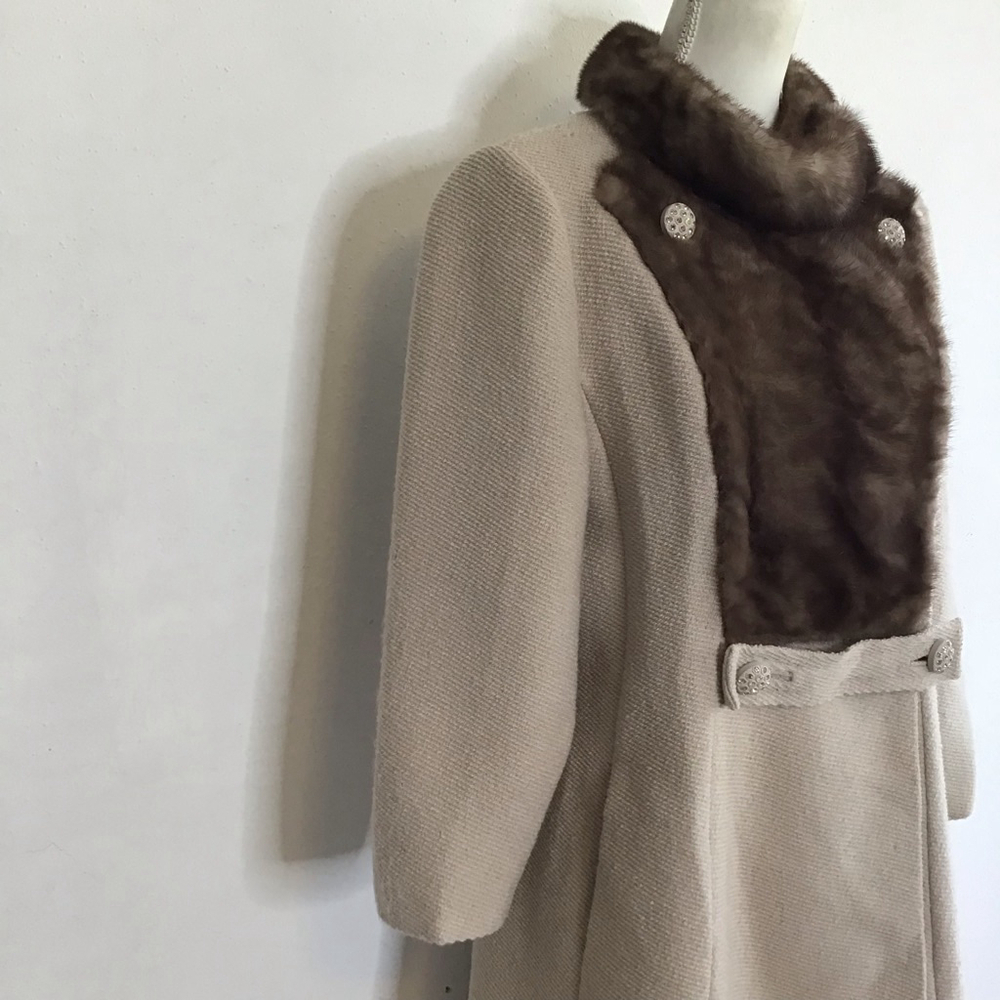 Youth Craft Women Vintage Beige Pea Coat with Brown Faux Fur Trim M - Picture 3 of 12